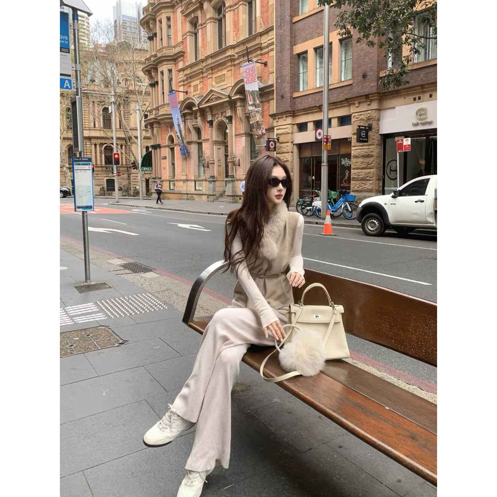 马甲开衫+长袖打底衫+休闲长裤+毛领四件套老钱温柔套装女秋00962