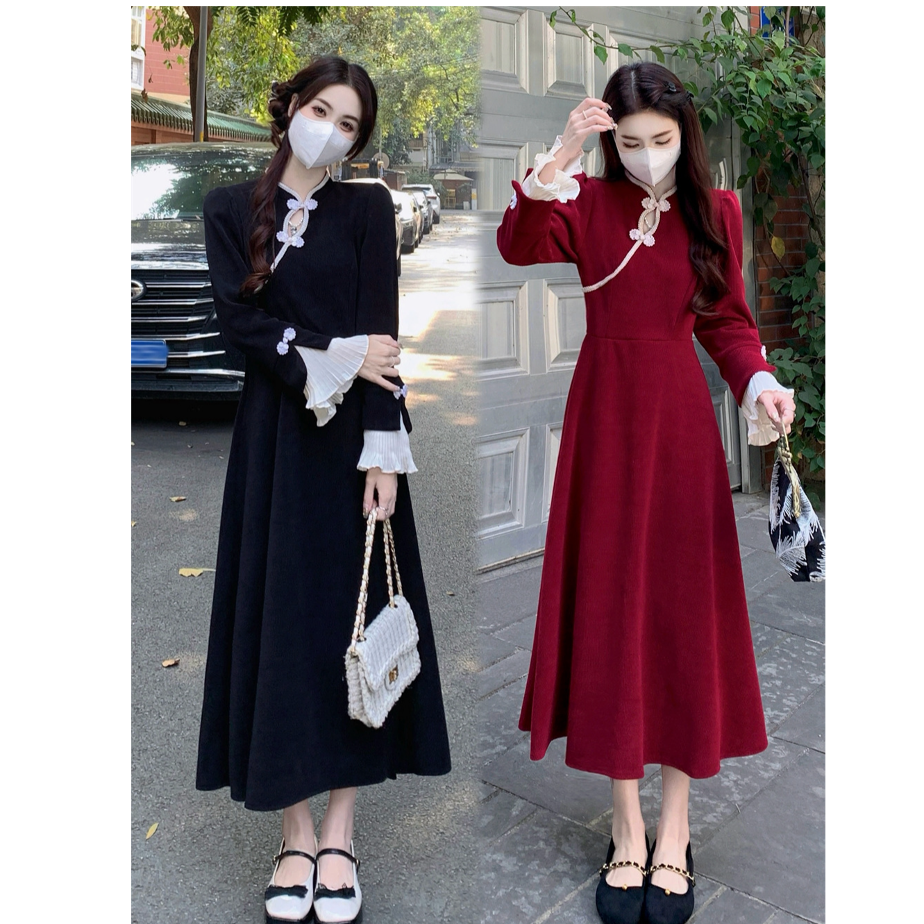 大码新中式国风旗袍领秋冬新年战袍加厚连衣裙 3519