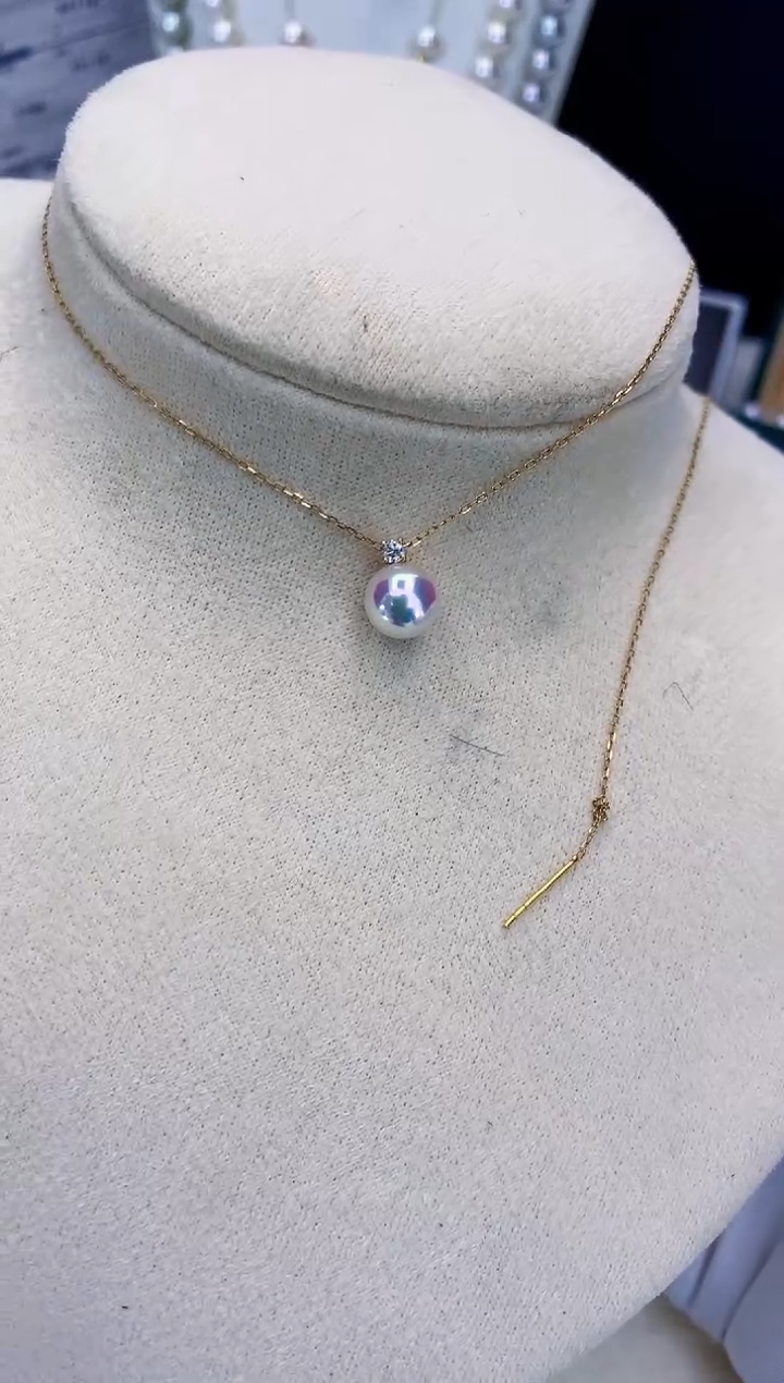 18K金镶嵌海水珍珠饰品7-8钻石王妃吊坠赠银链