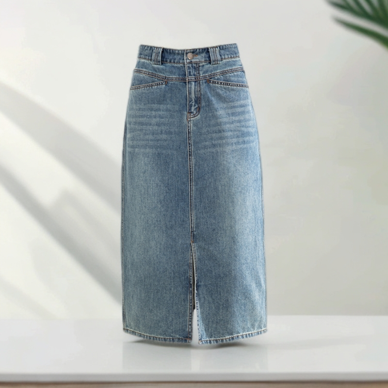 时尚半身裙女开叉牛仔裙2025年夏季新款中长款高腰A字显瘦裙子