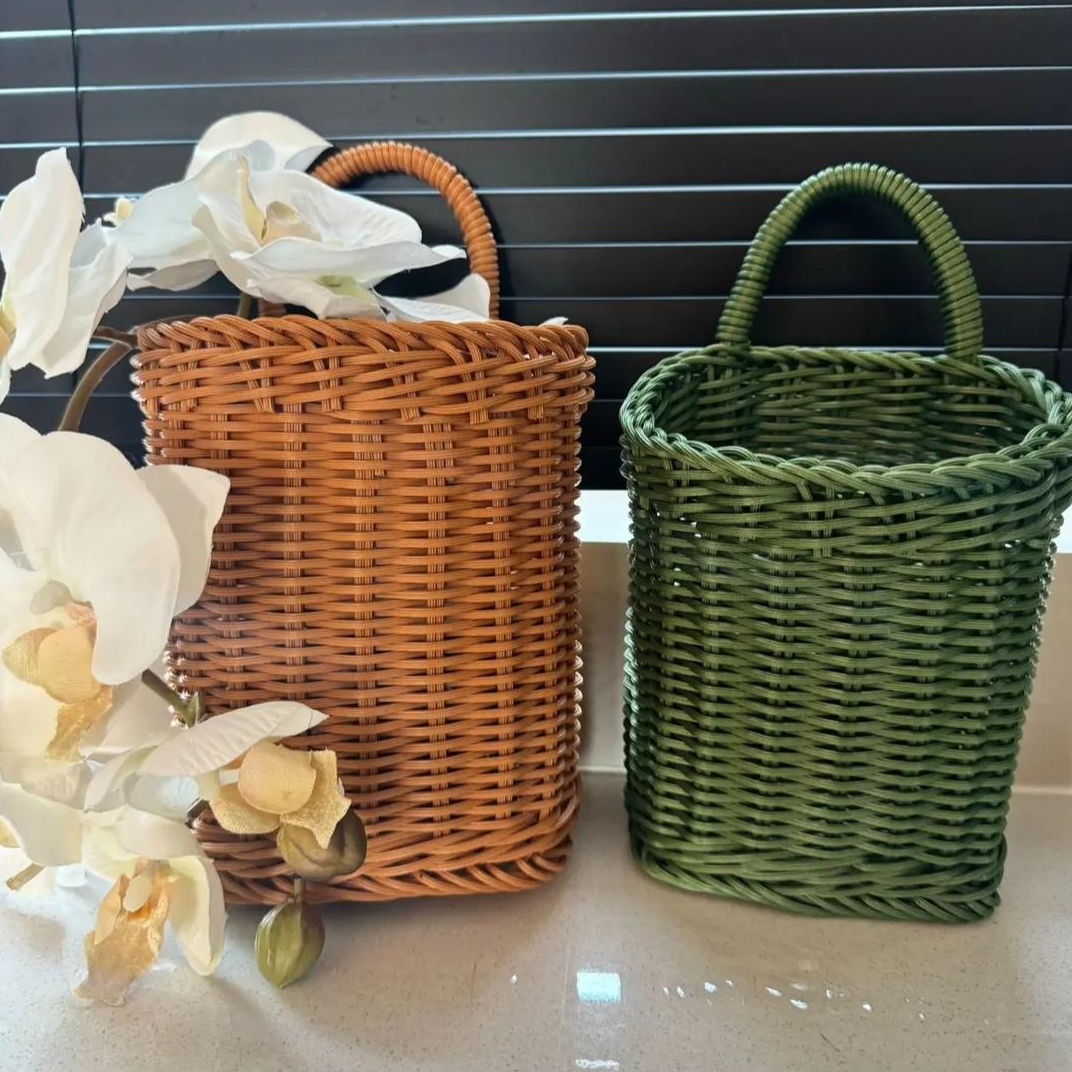 中古风仿腾编织筐壁挂厨房收纳筐干花篮子葱姜蒜复古编织筐手提篮