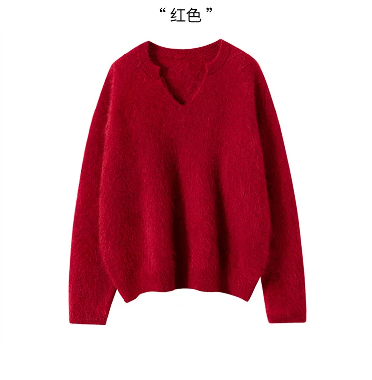100纯山羊绒拉绒剪刀V领女羊绒衫加厚宽松慵懒TY567拉毛绒羊绒衫