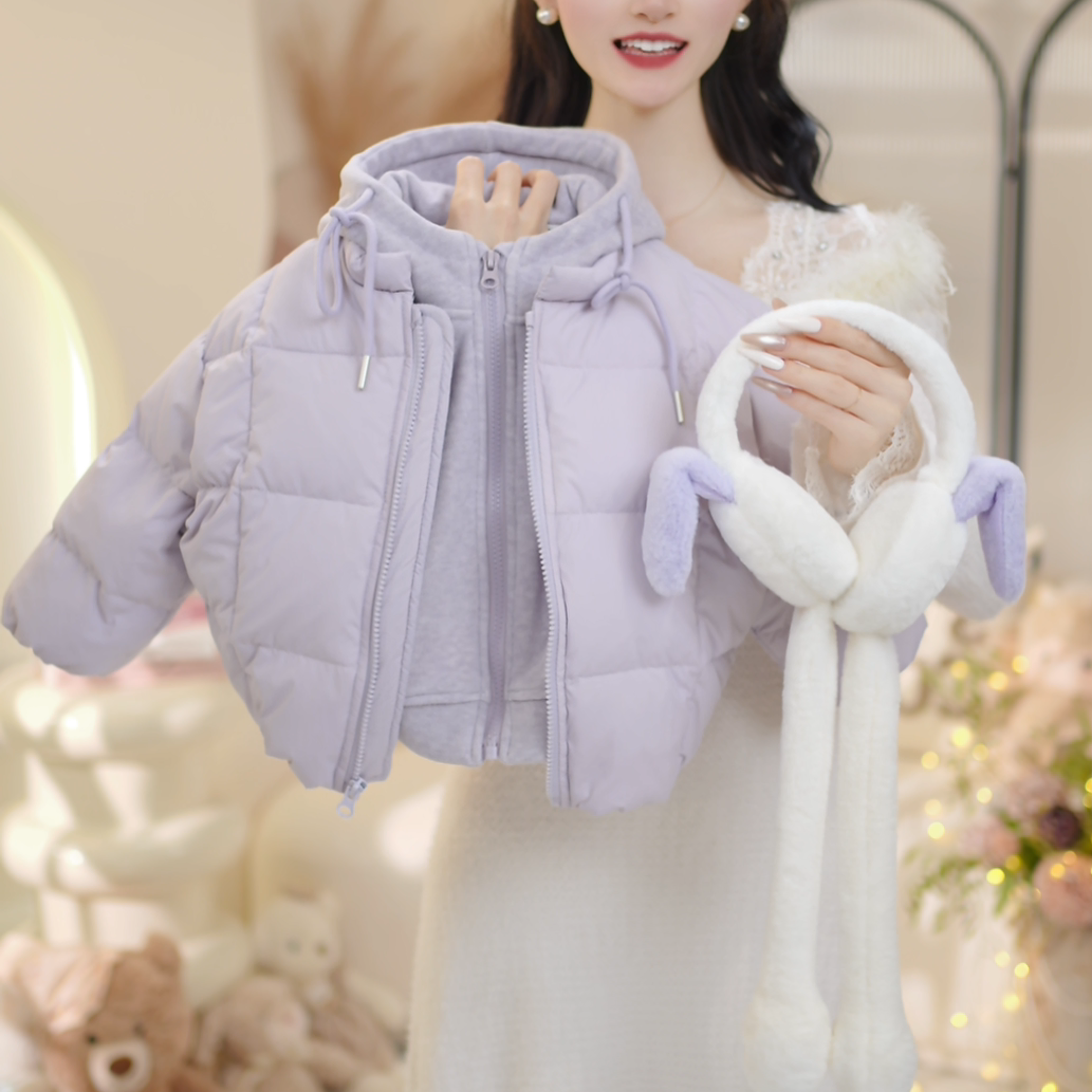 女童2025冬季新款香芋紫加绒卫衣夹棉加厚棉服套装C25129