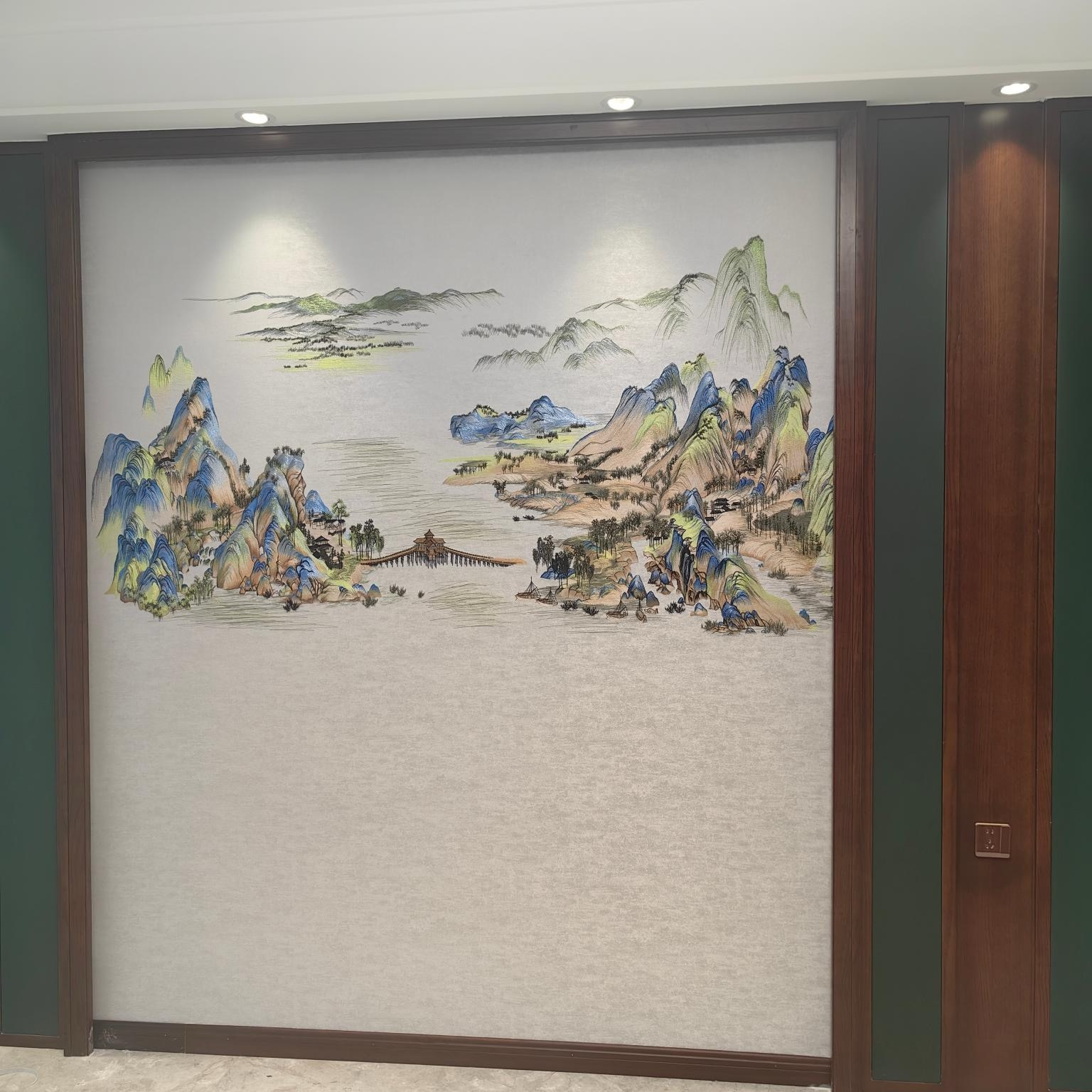 现代中式风格刺绣墙布千里江山9珠光壁画升级款背景墙尺寸可定制