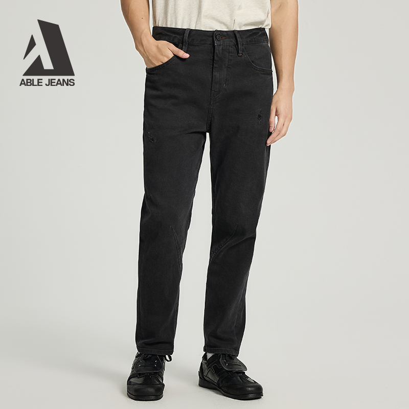 ABLEJEANS【立体锥形裤】经典古黑色锥形百搭水洗黑色牛仔裤男款