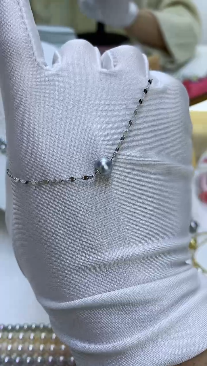 银S925镶嵌DA海水珍珠 GD210 灰珠手链6-7MM