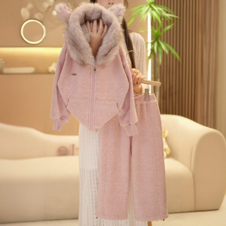 【美琪】2025冬季新款连帽猫耳朵上衣宽松立体裤子粉色加绒加厚套装