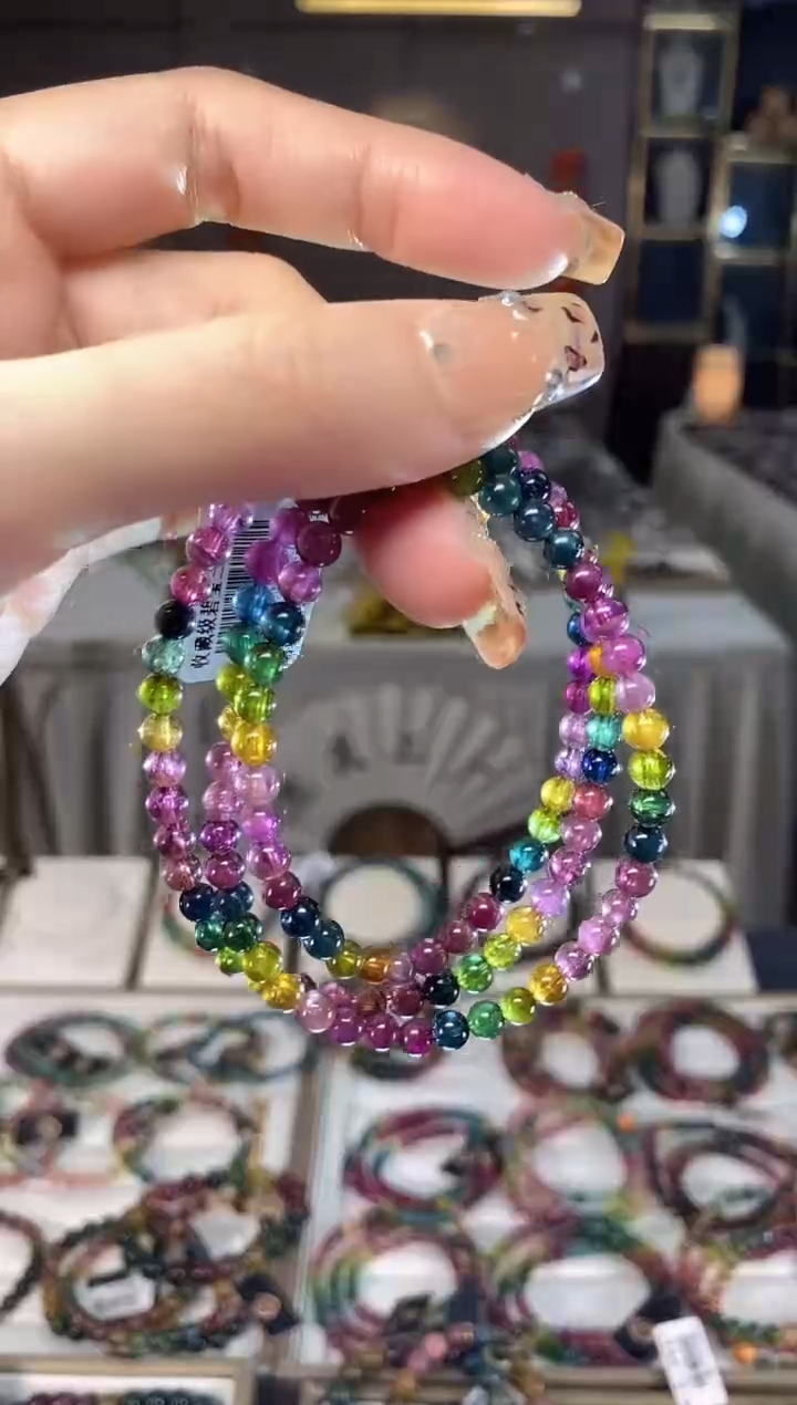 未镶嵌老矿碧玺色标彩虹三圈手串4mm+碧玺dan多样性发货一条