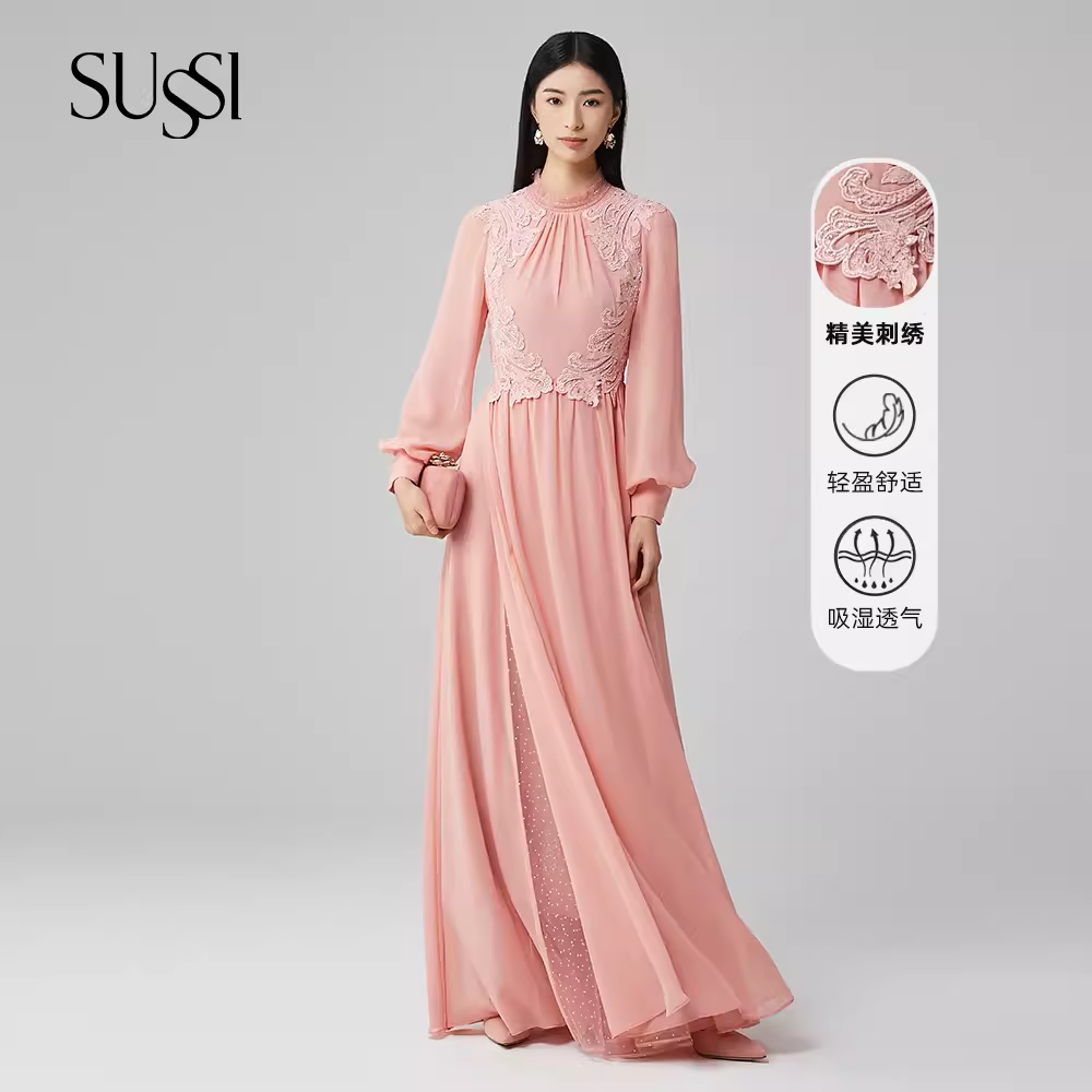 古色SUSSI【官店】粉色圆领高级感灯笼袖收腰连衣裙女
