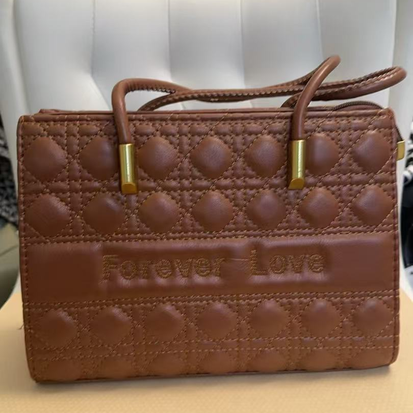 高级感刺绣手提托特女包2025新款菱格包时尚百搭通勤包单肩