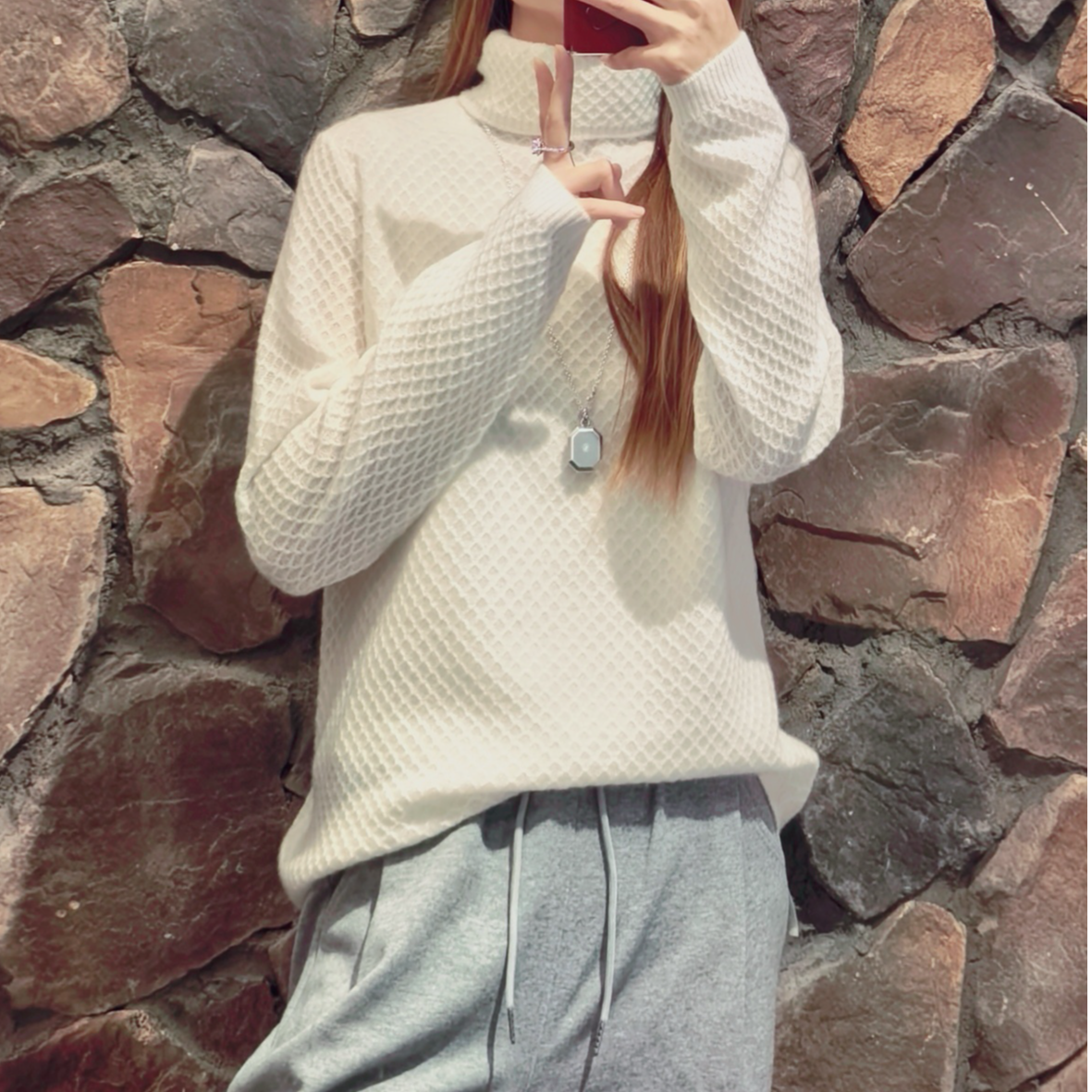 【顶嘉嘉羊绒】256231-100山羊绒堆堆领菱形格秋冬必备打底羊绒衫