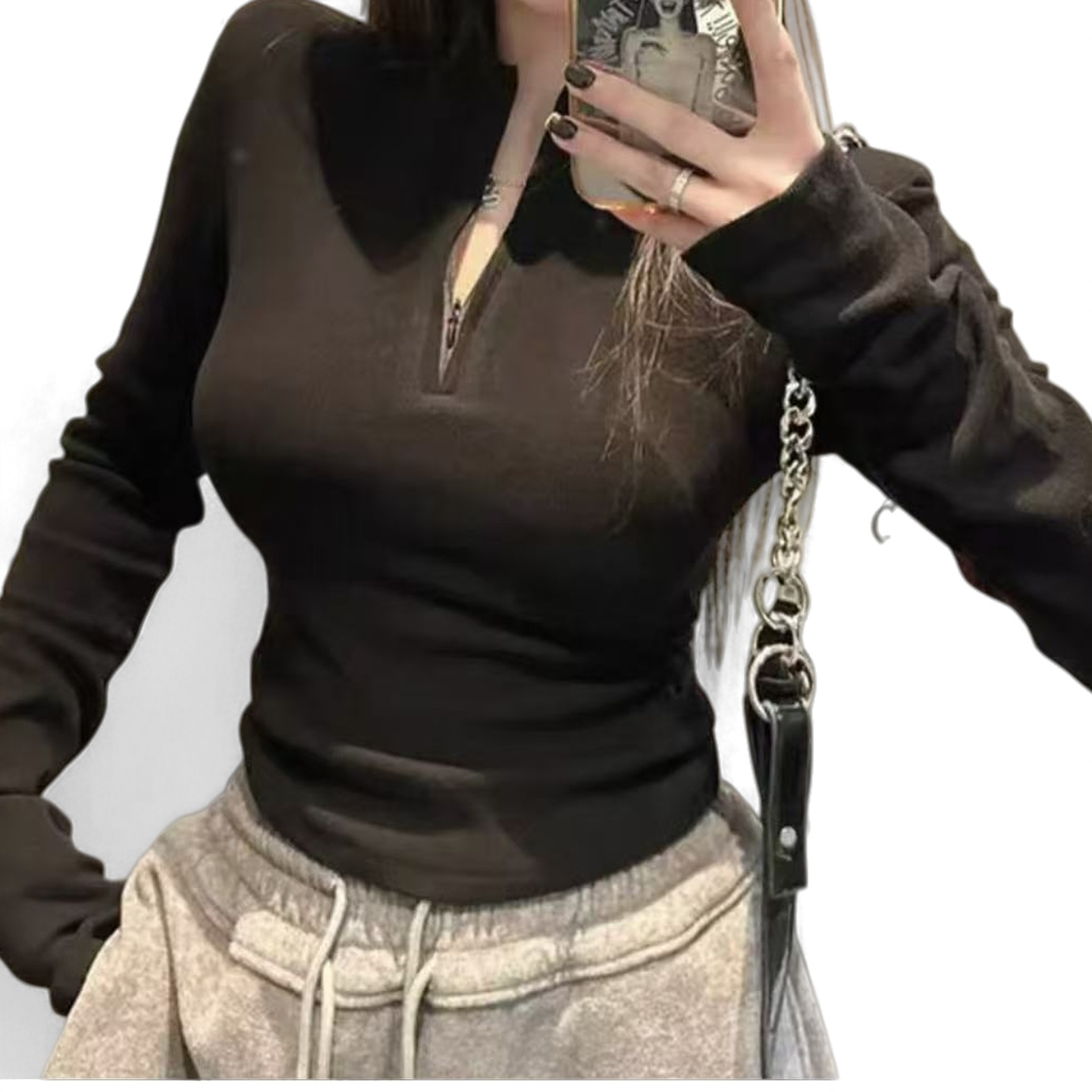 爆单猪家半高领加绒加厚长袖拉链T恤女秋冬内搭上衣高级感