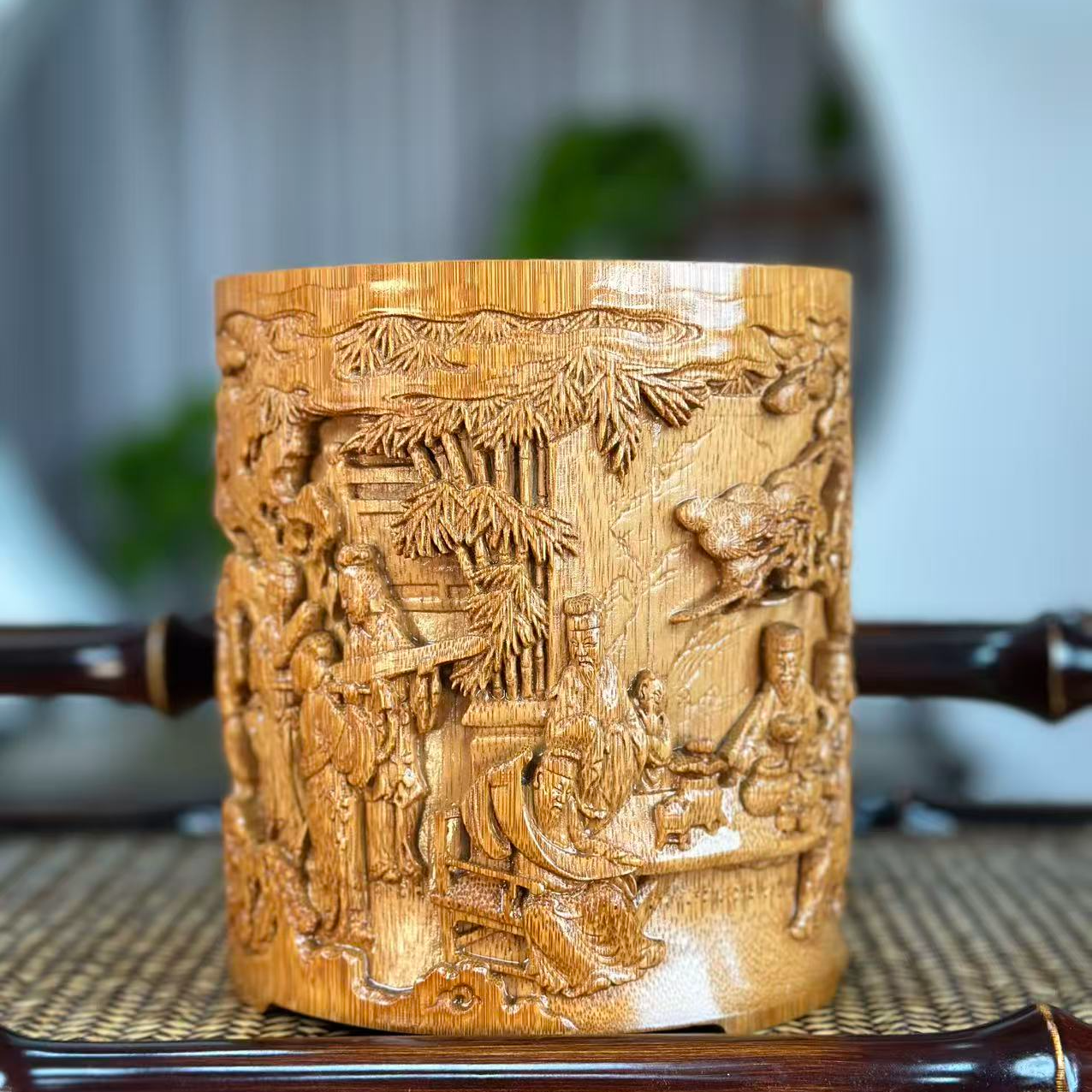 【夜宴图-笔筒】茶道六君子收纳筒人物手工雕刻竹工艺浮雕茶道筒