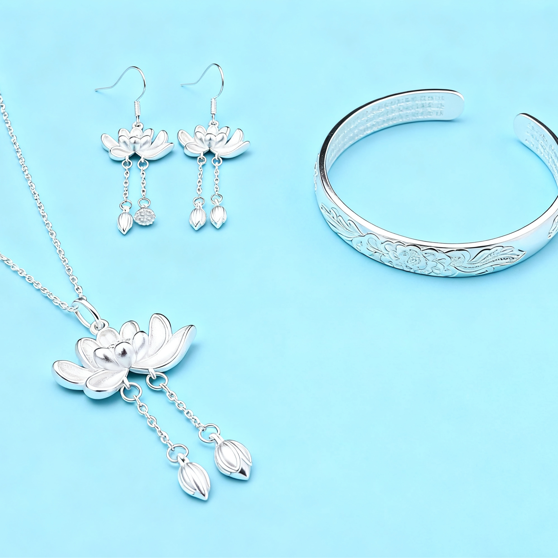 925银富贵花心经开口手镯莲花吊坠组合