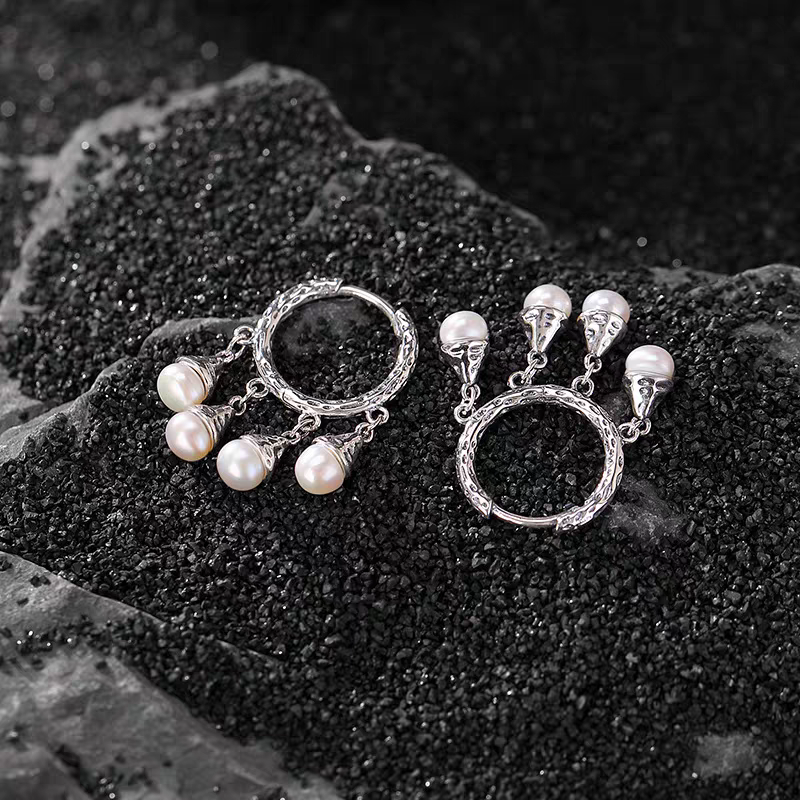 925银耳饰 S925通体银淡水珠珠复古做旧锤纹圆珠耳环气质长款耳坠