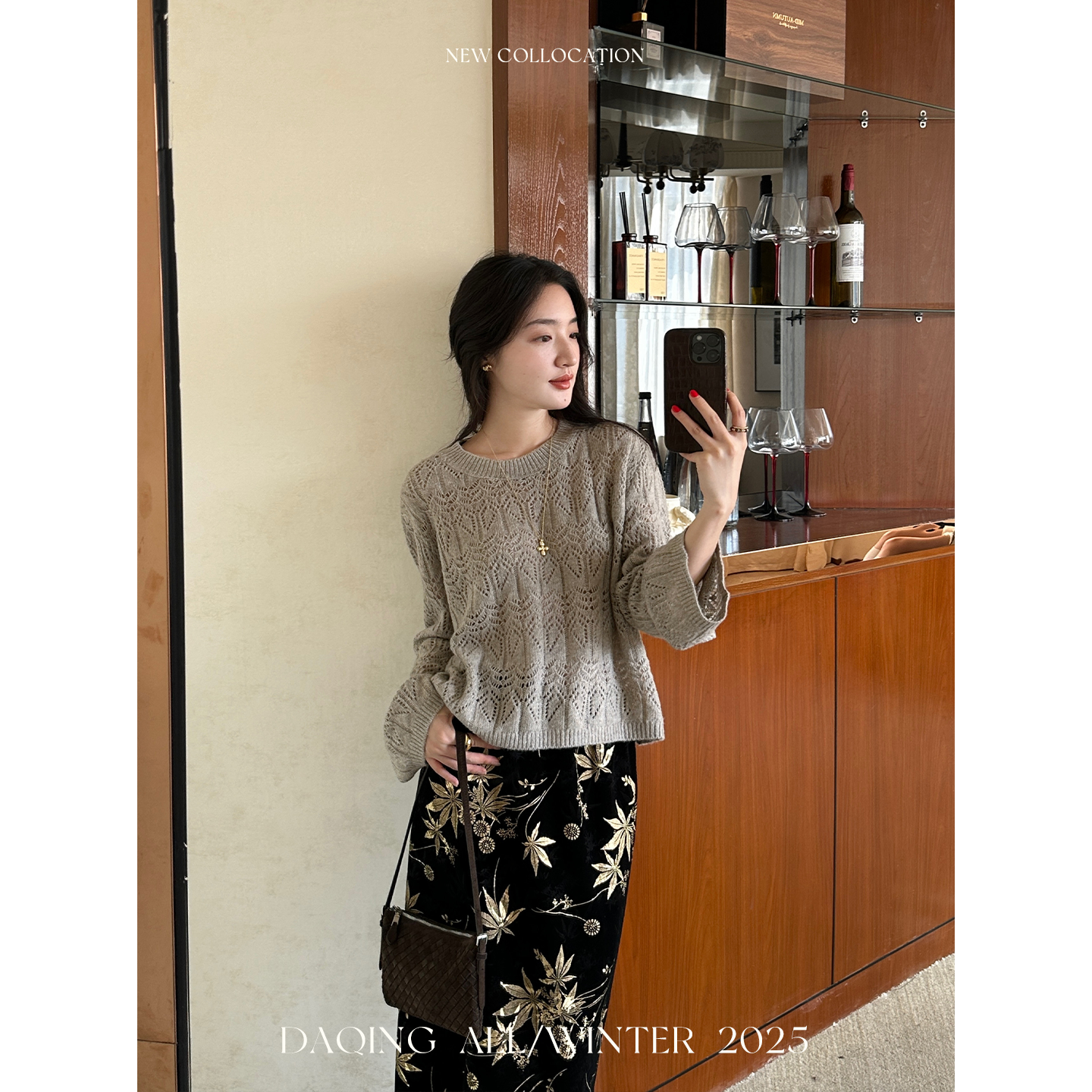 许大晴【薄暮秋时】山羊绒提花镂空罩衫针织上衣 D4A232