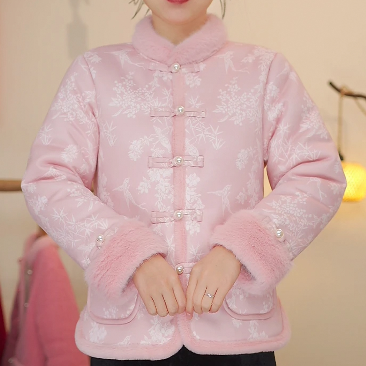 W冬季新款加绒加厚中国风复古时尚保暖棉服小棉衣中式外套女