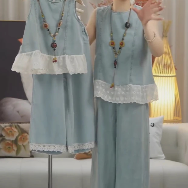 【原版高品质】女童夏季韩版套装儿童牛仔背心无袖上衣阔腿裤两件
