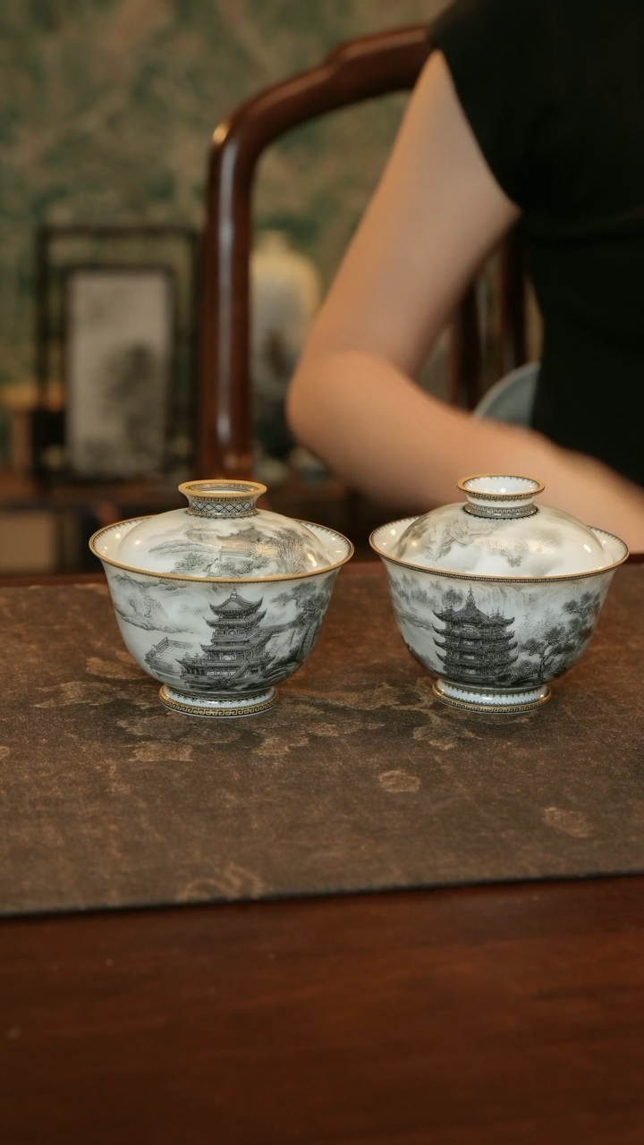 丁手绘墨彩四大名楼单个盖碗