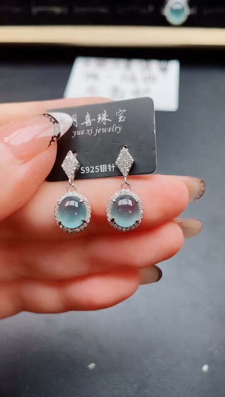 翡翠银S925镶嵌耳饰5850