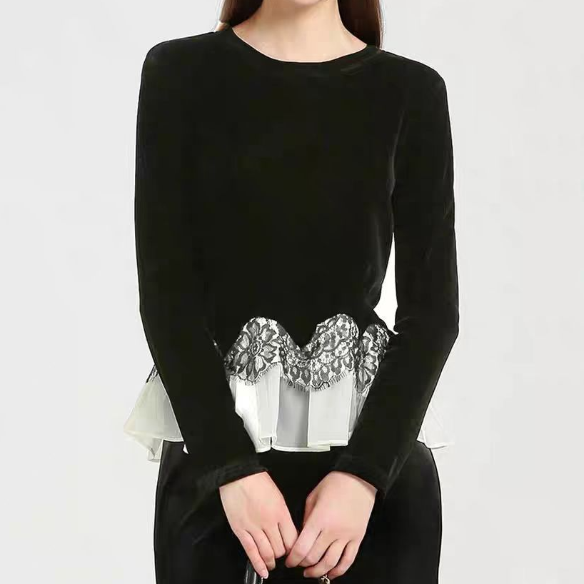 T6进口植绒 法式轻奢蕾丝拼接荷叶边长袖圆领黑色上衣-N97Y723K