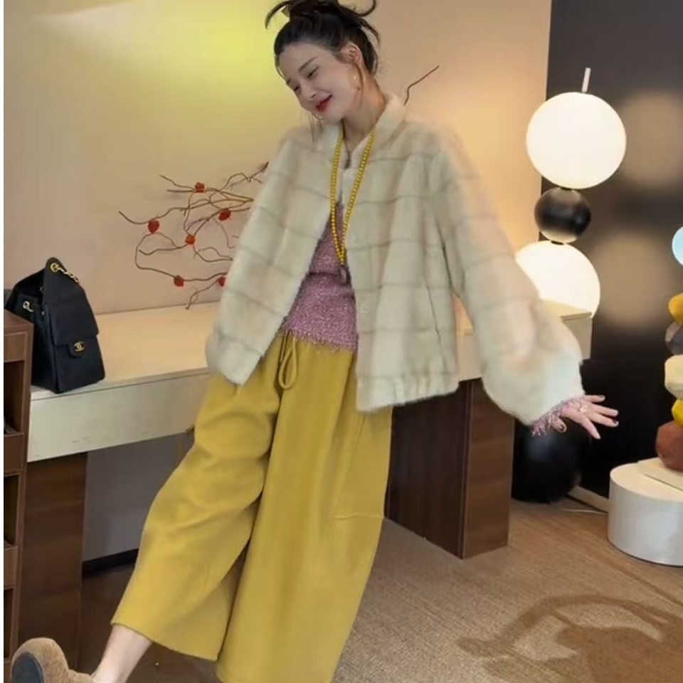 李豆儿 小众定制 休闲宽松加绒加厚8分灯泡羊绒混纺裤子