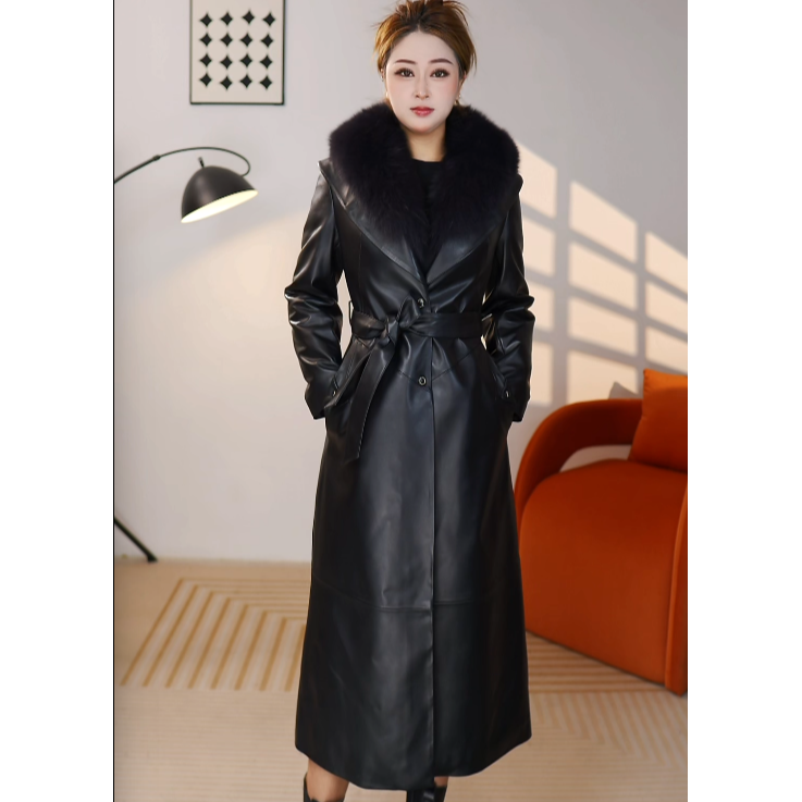 风衣鹅绒款皮衣法式大毛领长款修身秋冬外套大毛领女士风衣8635