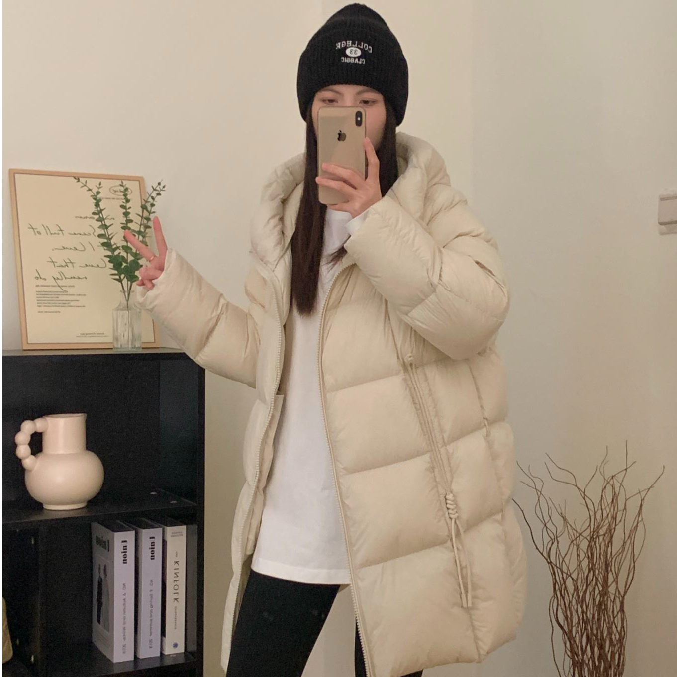零压泡芙云朵少女连帽廓形羽绒服中长款2024新款韩版白鸭绒外套