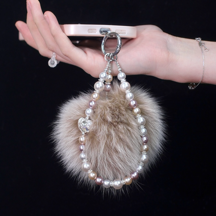 XX321【舒芙蕾】手机链便携狐狸毛串珠链条水晶手工编绳挂件防丢