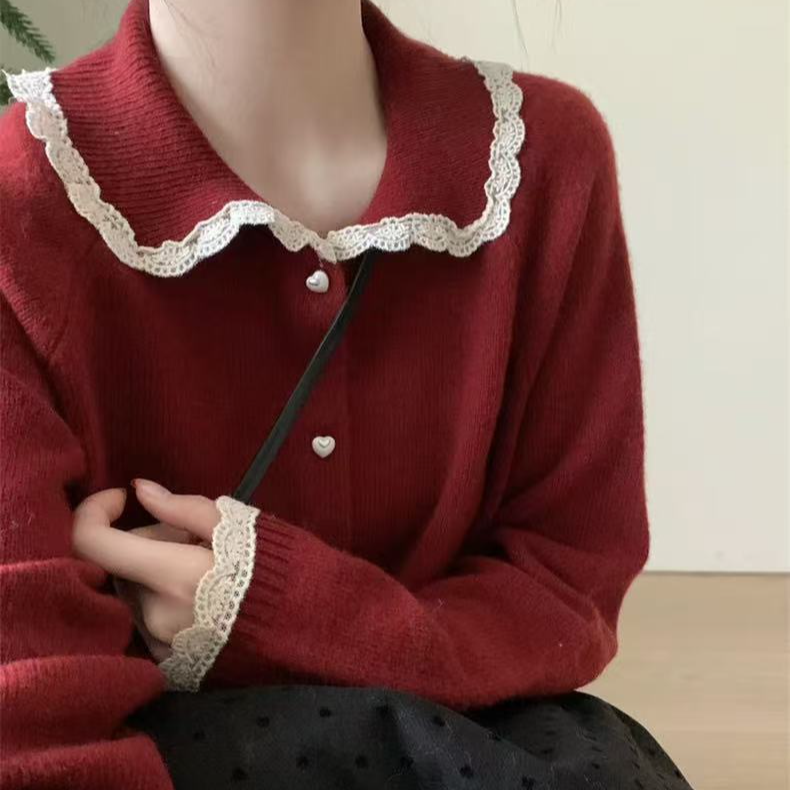 蕾丝花边翻领羊毛毛衣女甜美新款时尚百搭甜美温柔针织开衫内搭