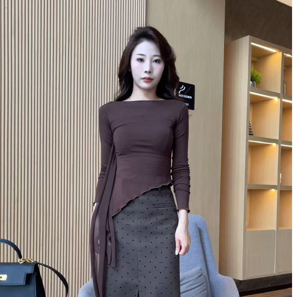 设计感新款不规则长袖打底衫上衣侧边飘带-25164