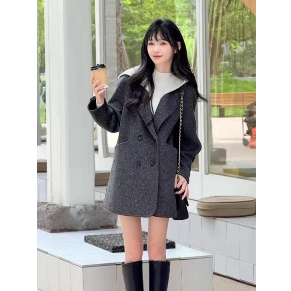 双面毛呢大衣外套女2025秋冬新款时尚连帽显瘦毛呢外套A711281