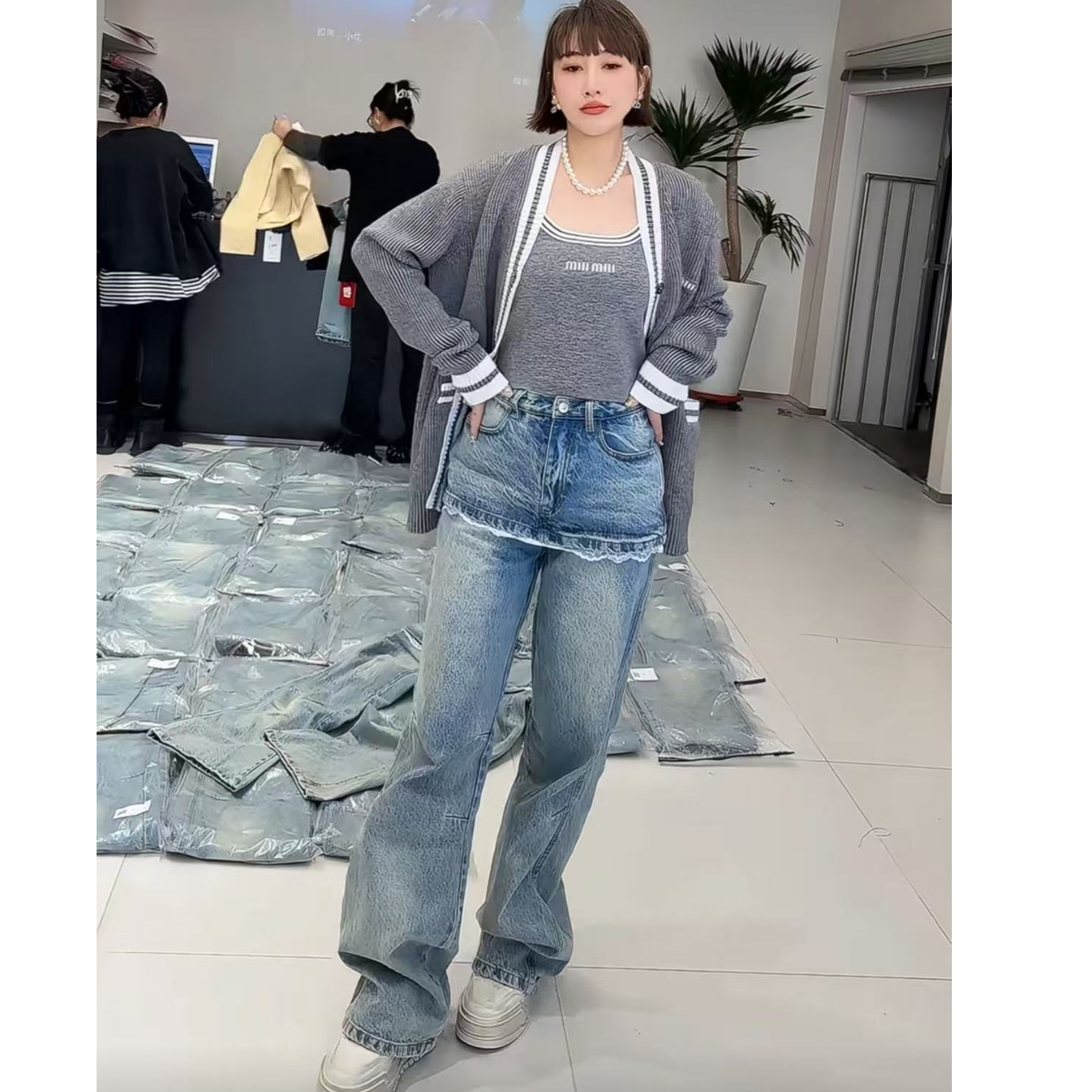 假两件牛仔拼接蕾丝裤女2025春季新款女高腰长裤宽松裤子11692