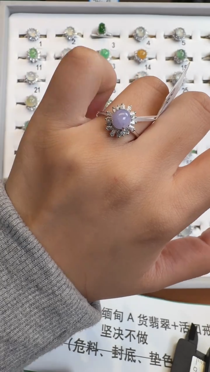 银S925镶嵌戒指翡翠通体925银镶缅甸A货翡翠戒指075