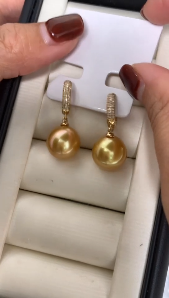 18K金镶嵌耳饰定制海水珍珠博****咪13-14mm南洋金珠