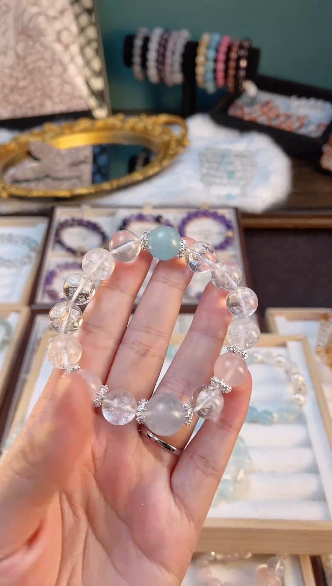 【闪购商品】水晶手串合金天然白阿赛+海蓝宝+粉水晶12mm+