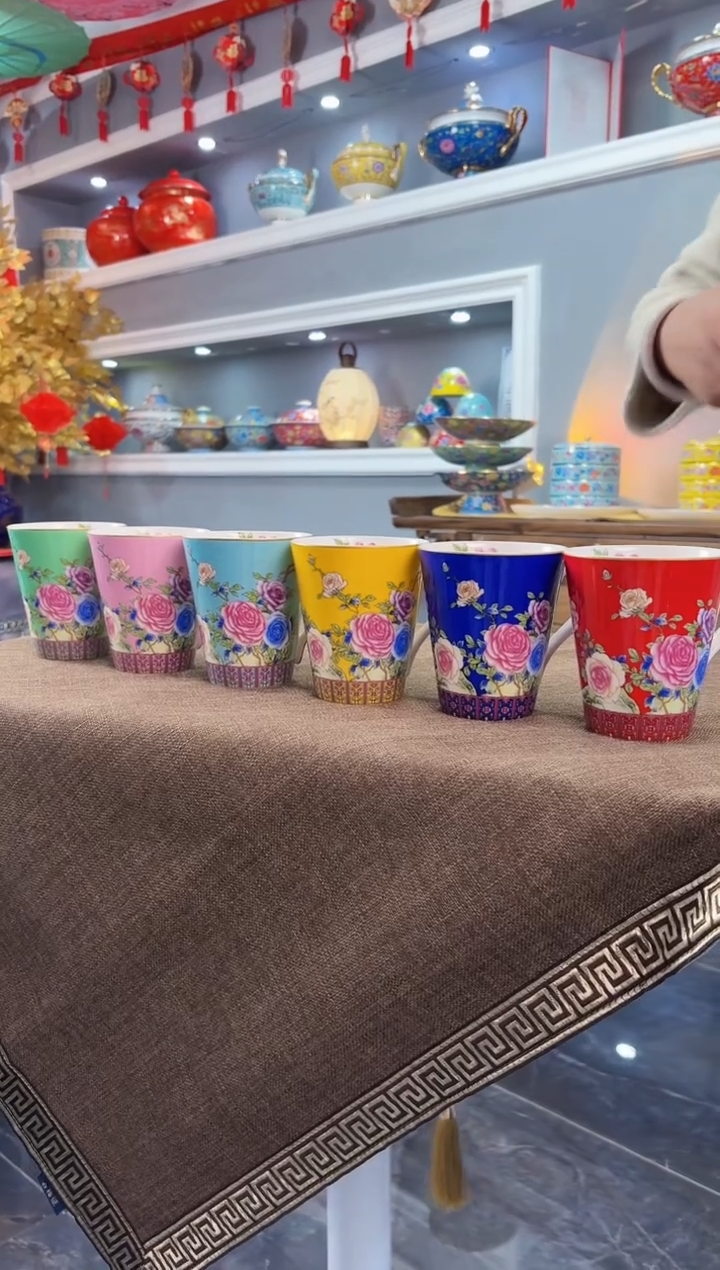 珐琅牡丹花卉水杯6只装景德镇  