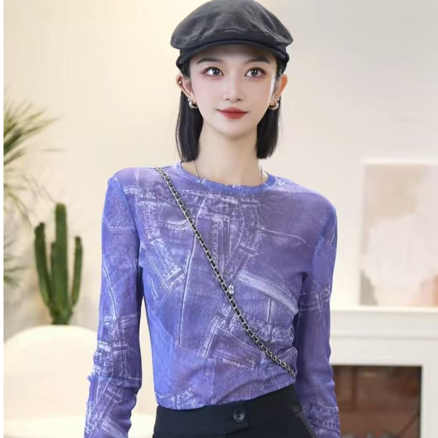 哥弟 长袖时尚显瘦印花拼接圆领亮丝修身打底衫T恤女士1300959