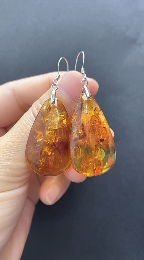 【闪购商品】琥珀裸石银S925镶嵌花珀耳坠