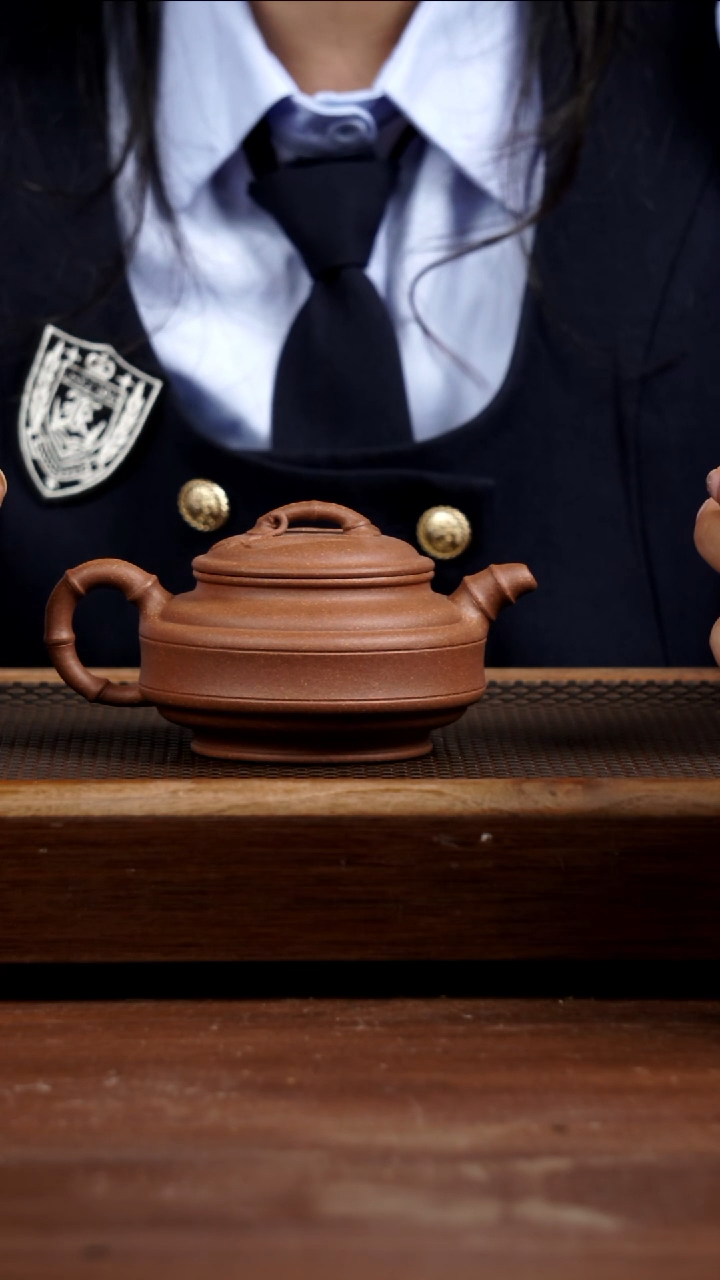 茶壶紫砂桃花泥双线竹鼓250CC