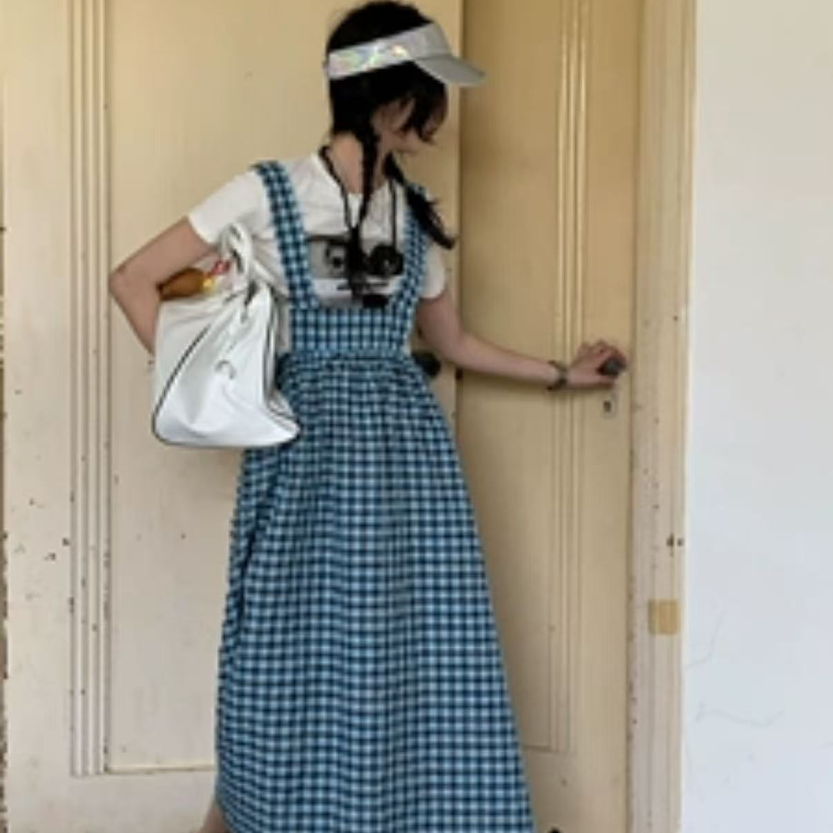 【TD】2025夏季新款韩版圆领拼接气质显瘦中长款连衣裙女1009