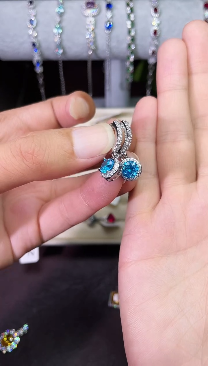 合金合成钻石海蓝耳扣