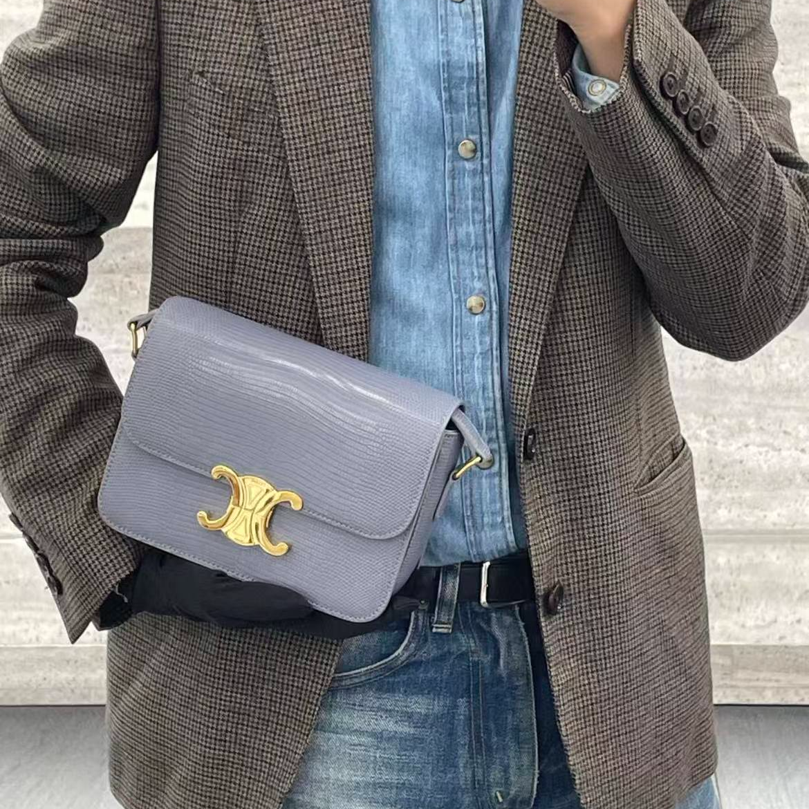 99新 Celine/思琳 蔚蓝中古/雾霾蓝 蜥蜴皮box 斜挎包  闲置新