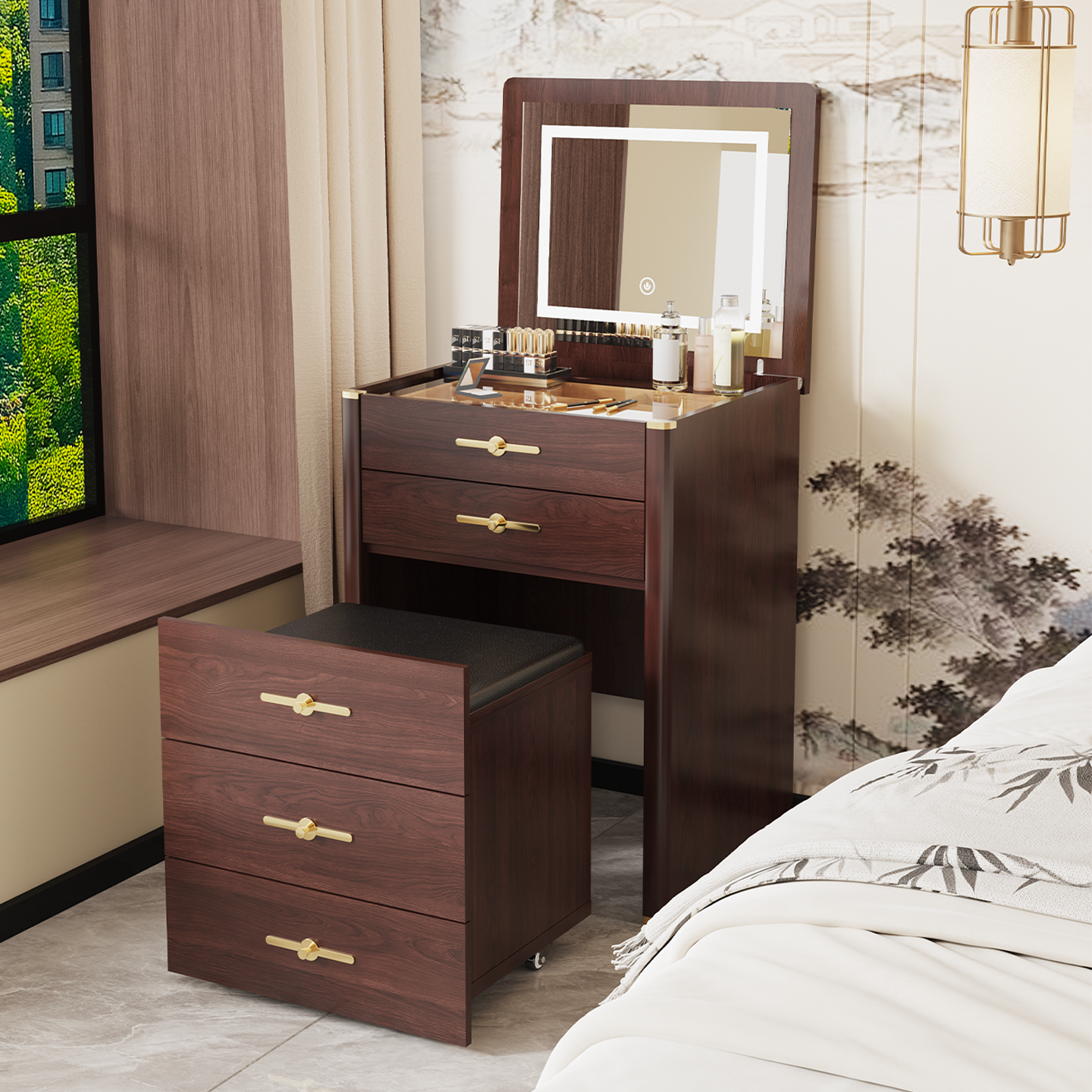 实木梳妆台新中式斗柜床头柜卧室小户型家用折叠多功能置物化妆桌
