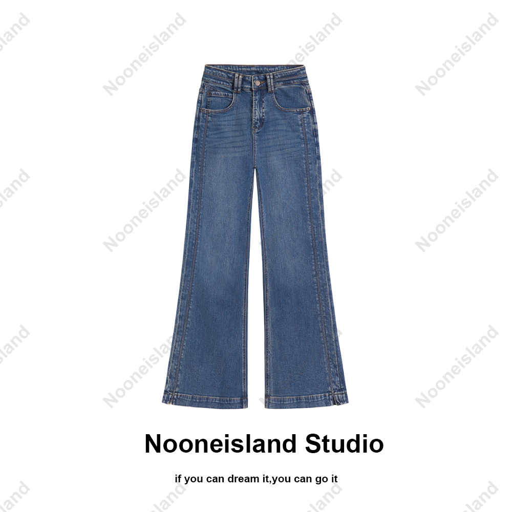Nooneisland牛仔蓝高腰喇叭牛仔裤冬季新款显瘦梨形宽松裤子6118