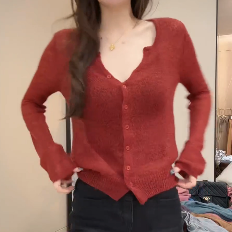 秋冬新款薄款开衫女秋冬打底剪刀领长袖针织衫LK2507757