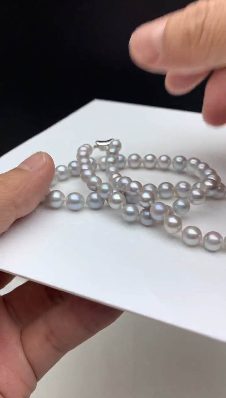 银S925镶嵌ff海水珍珠akoya灰珠串链6~7mm