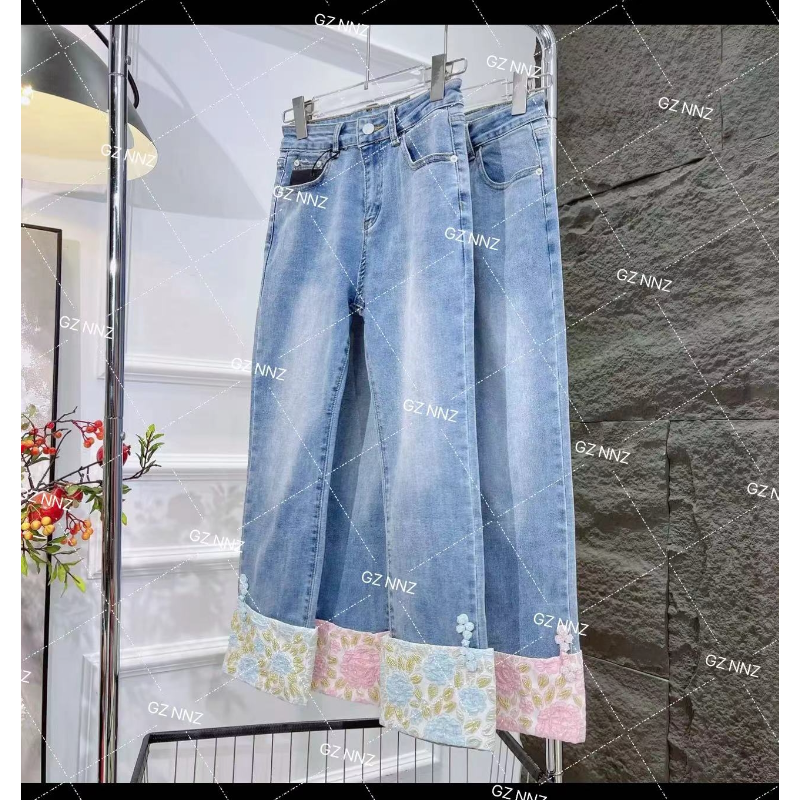 【华枝玉露】重工钉珠刺绣时尚休闲设计师新中式国风牛仔裤24K208