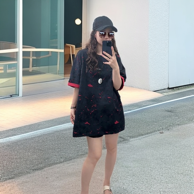 【闪电】潮流短袖闪电撕裂做旧圆领宽松百搭休闲半袖T恤男女同款