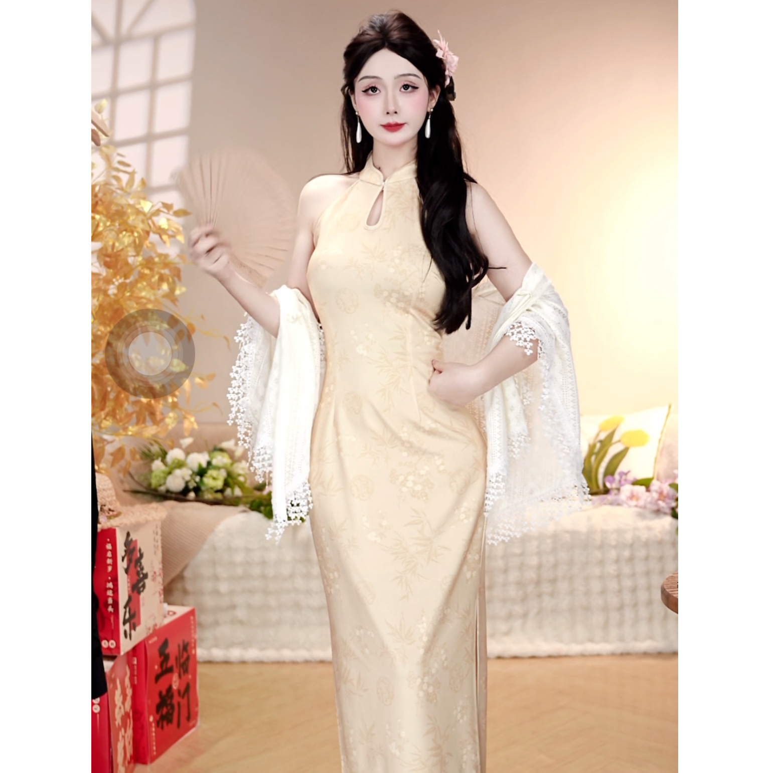 【虞美人】潇夫人自制新中式国风温柔显瘦挖肩领夏季旗袍连衣裙8003